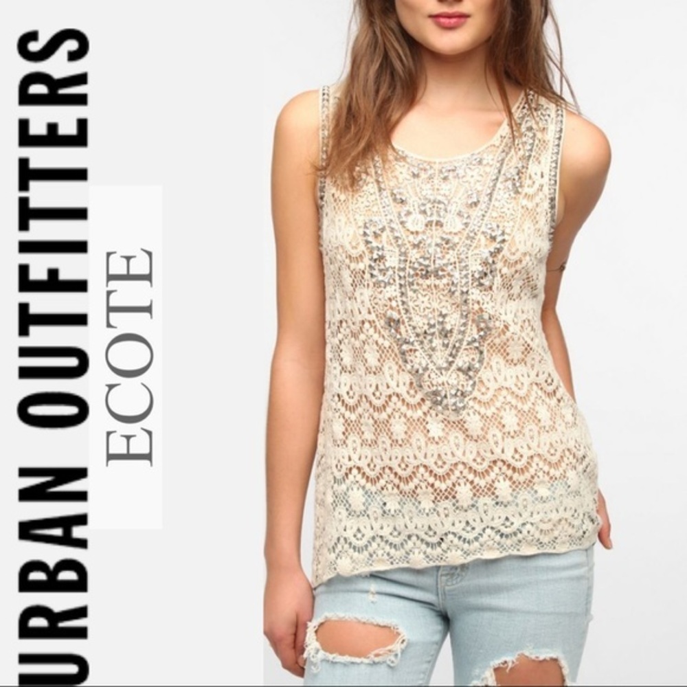 UO Ecote Queen’s Muscle Tee Ivory Crochet Beaded